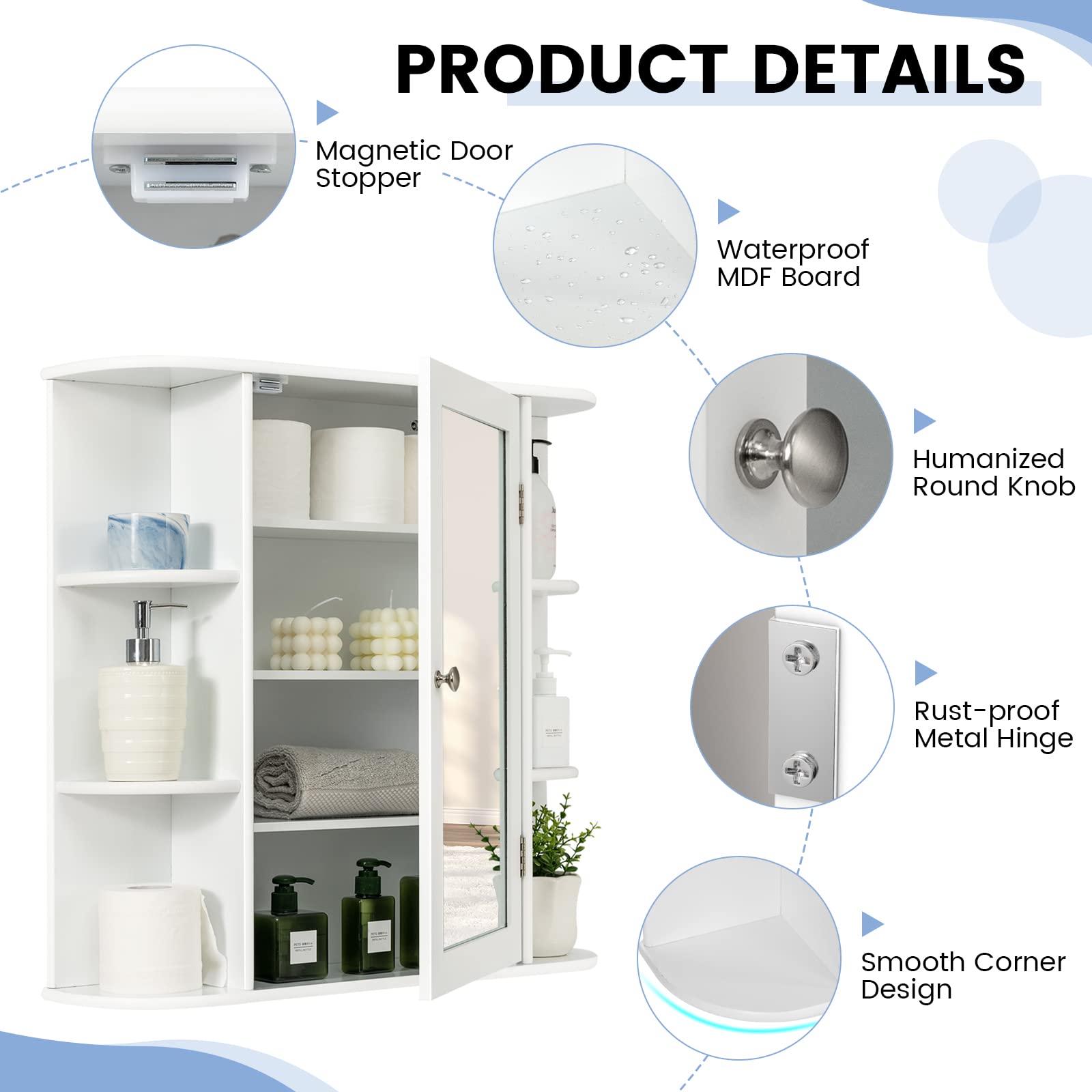 GIANTEX Armadietto Bagno a Parete, Mobiletto Pensile con Ante di Specchio, 6 Scomparti Laterali e 4 Ripiani di Stoccaggio, 3 Colori Disponibili, 66x16,5x63cm (Bianco)
