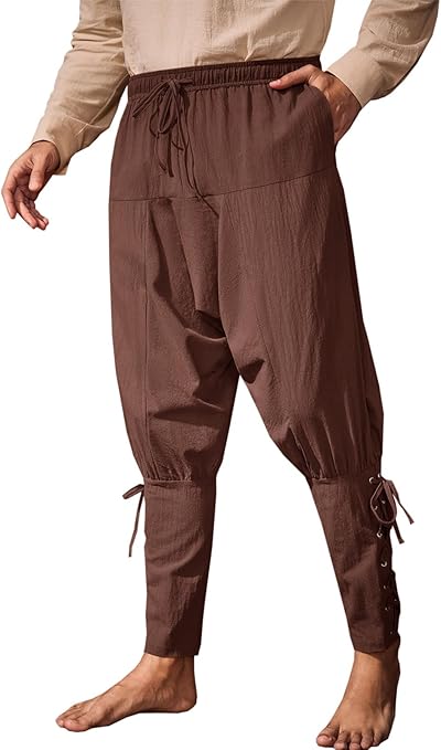 Runcati Mens Medieval Ankle Banded Pants Renaissance Viking Pirate Navigator Costume Pants Lace Up Cotton Halloween Trousers