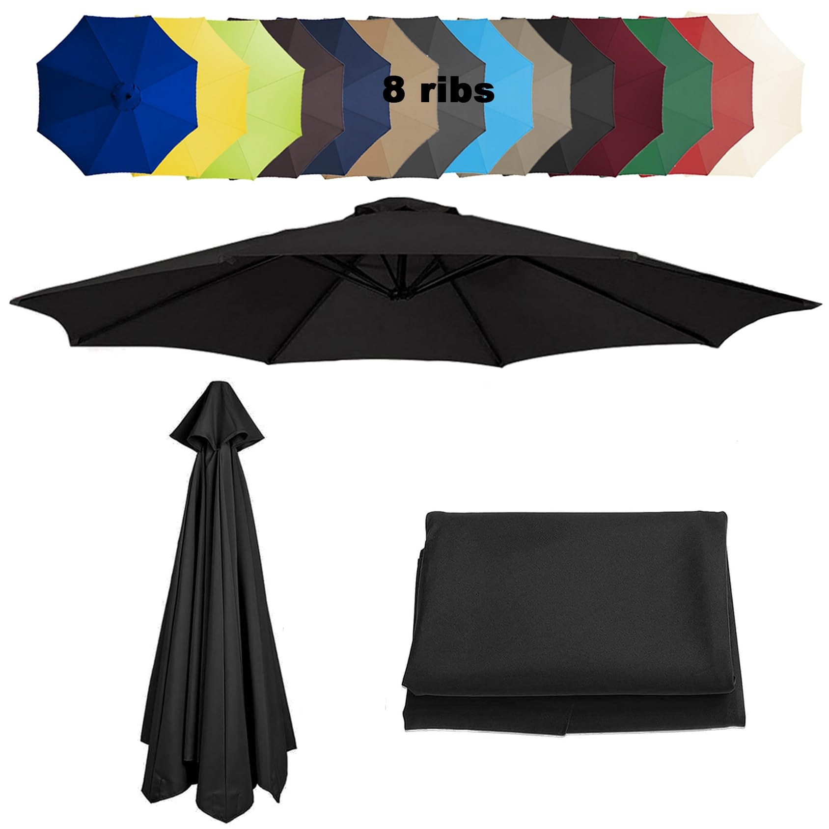 6.5'/8.8'/9.8'(200cm/2.7m/300cm) Replacement Parasol Fabric Cover, 6 8 Ribs Anti-Ultraviolet Patio Umbrella Replacement Cloth, Garden Parasol Umbrella UV50+ Polyester Canopy(Color:Black,Size:8 ribs-2. — image 1