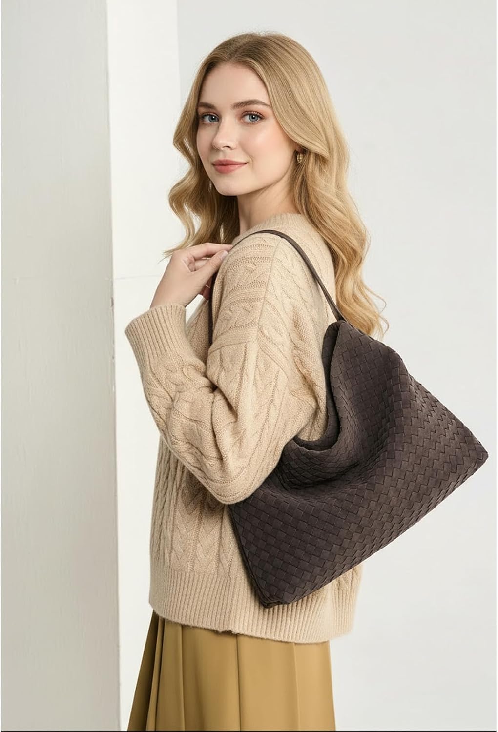 Faux Suede Woven Tote Bag for Women, Large Hobo Shoulder Purse