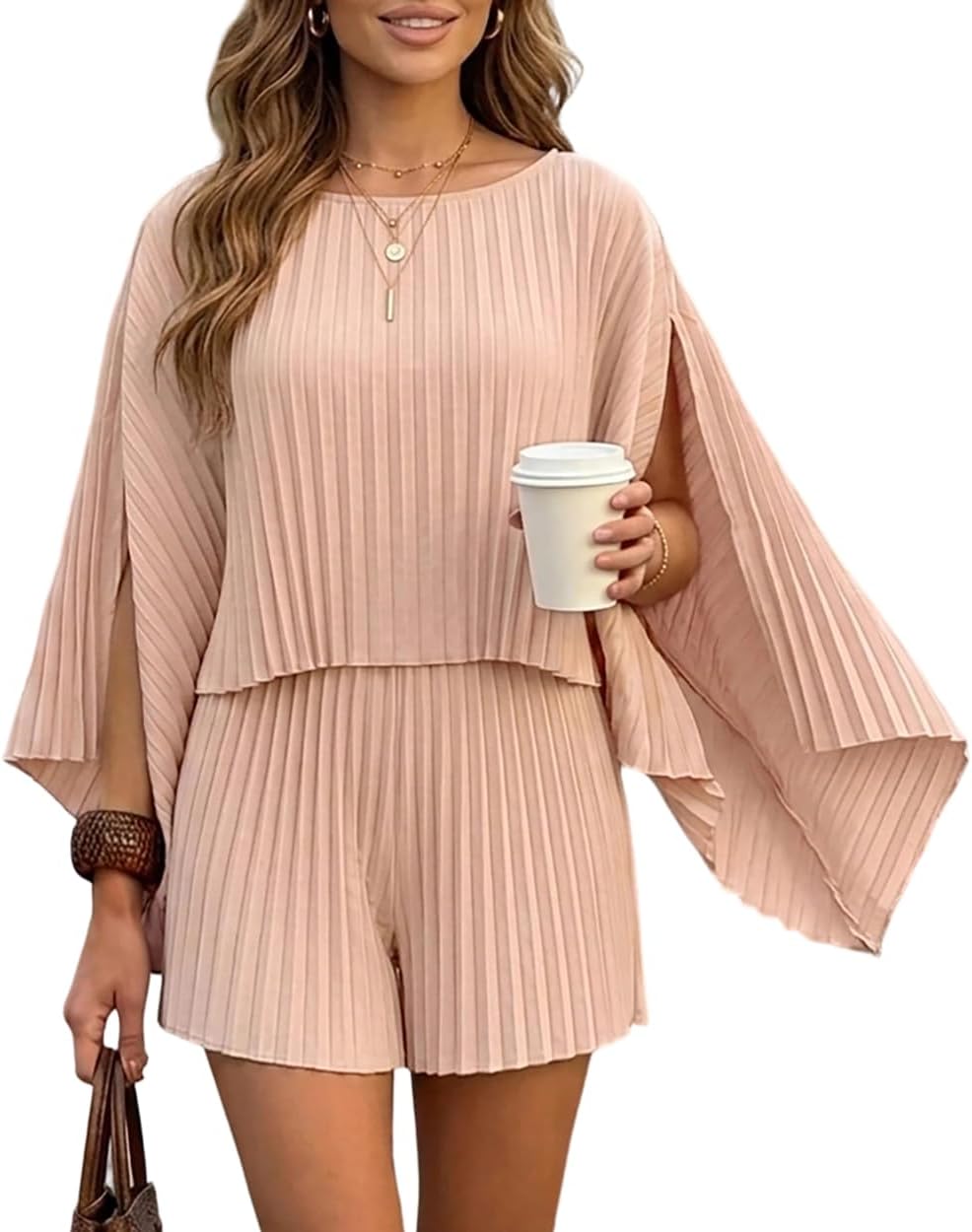 CHICME Pleated 3 Piece Outfits for Women Off Shoulder Cape Top & High Waist Wide Leg Shorts Casual Sets Vacation Outfit