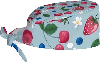 Working Cap Hat Adjustable Tie Back Head Cover Fruits Strawberry Cherry Head wear with Button Sweatband for Women Men