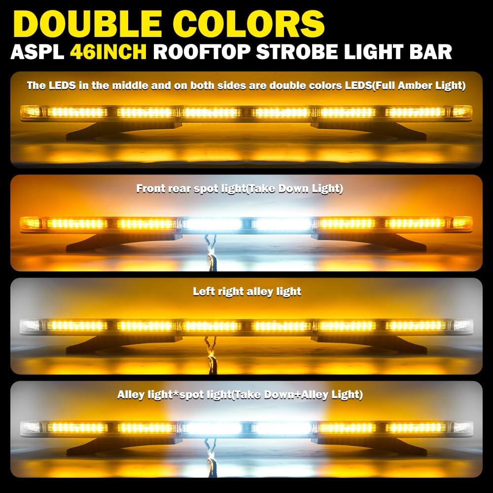 ASPL 204LED Rooftop Low Profile Emergency Strobe Light Bar 46" Warning Flashing Security Hazard Traffic Advisor/Controller/29 Patterns/Take Down & Alley Lights for Truck Construction Vehicle (Amber)