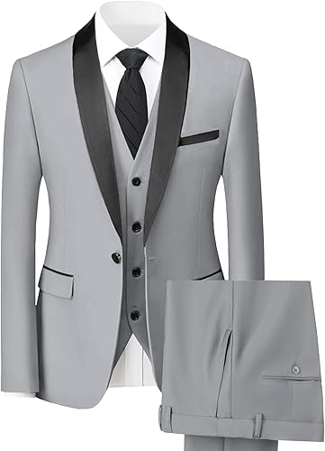 Hipfun Mens Slim Fit Suit 3 Piece Men Light Grey Suit One Button Shawl Lapel Sui