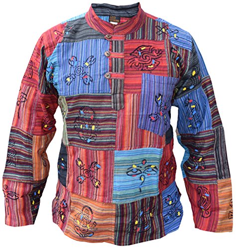 Little Kathmandu Camisa para hombre, tipo patchwork, estilo hippie, con símbolos estampados multicolor Non Stonewashed XXX-Large