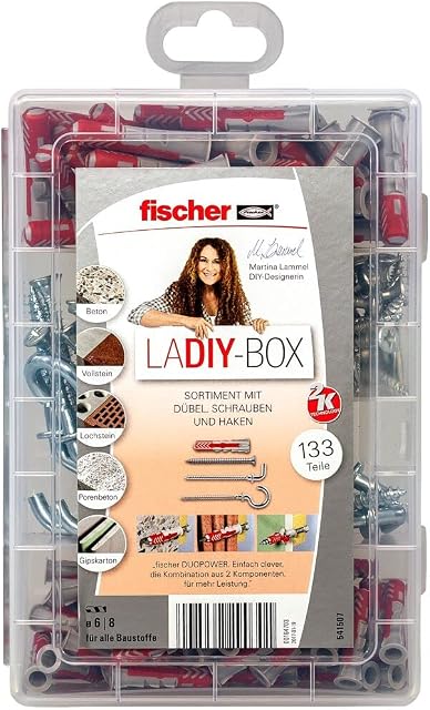 fischer LaDIY-Box, pudełko na kołki z 133 śrubami, hakami i kołkami rozporowymi DUOPOWER (50 szt. 6 x 30, 30 szt. 8 x 40), uniwersalny zestaw do wielu materiałów budowlanych i mocowań