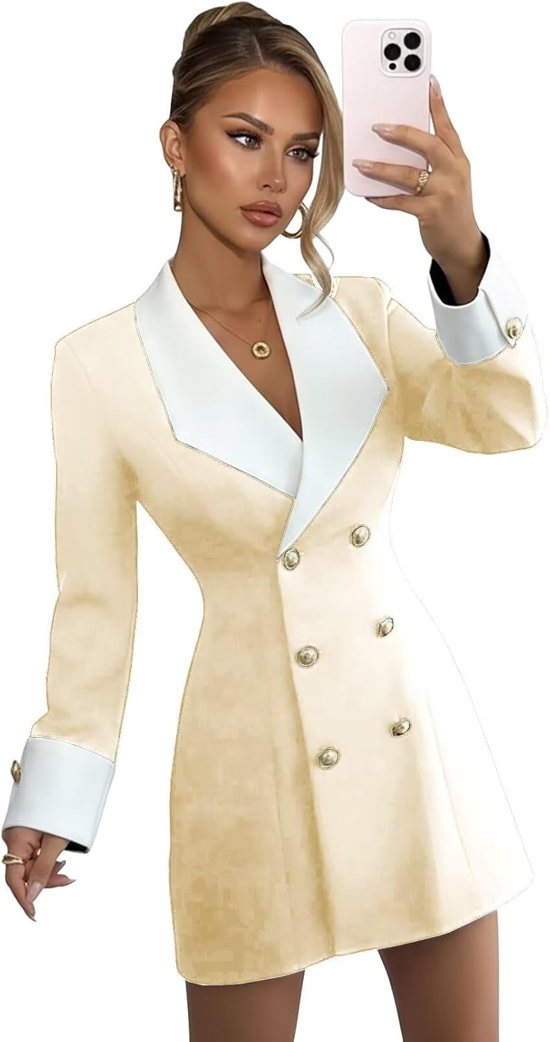 Blazer Dress for Women Sexy Elegant V Neck Bridesmaid Dresses Double Breasted Long Sleeve Blazer Jacket