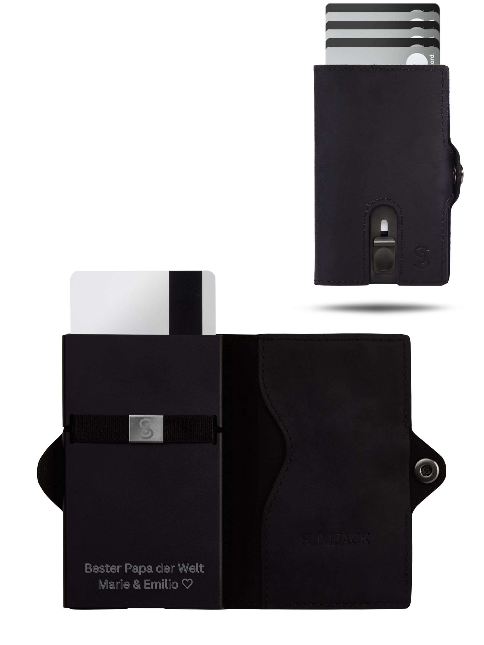 SLIMJACK Smart Wallet mit Gravur Wunschtext - Kreditkartenetui mit RFID-Schutz - Geldbeutel für Herren - Slim Wallet mit Münzfach - Smart Wallet für Karten & Münzen - Schwarz