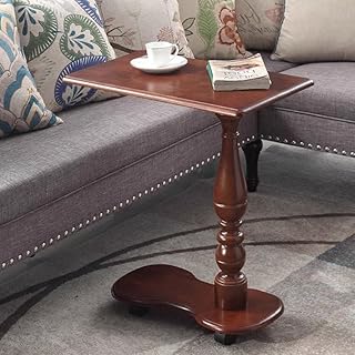 Solid Wood C Shaped End Table with Wheels, Retro Mobile Side Table, Sturdy Overbed Bedside Table for Sofa Living Room, Bedroom, Bedside