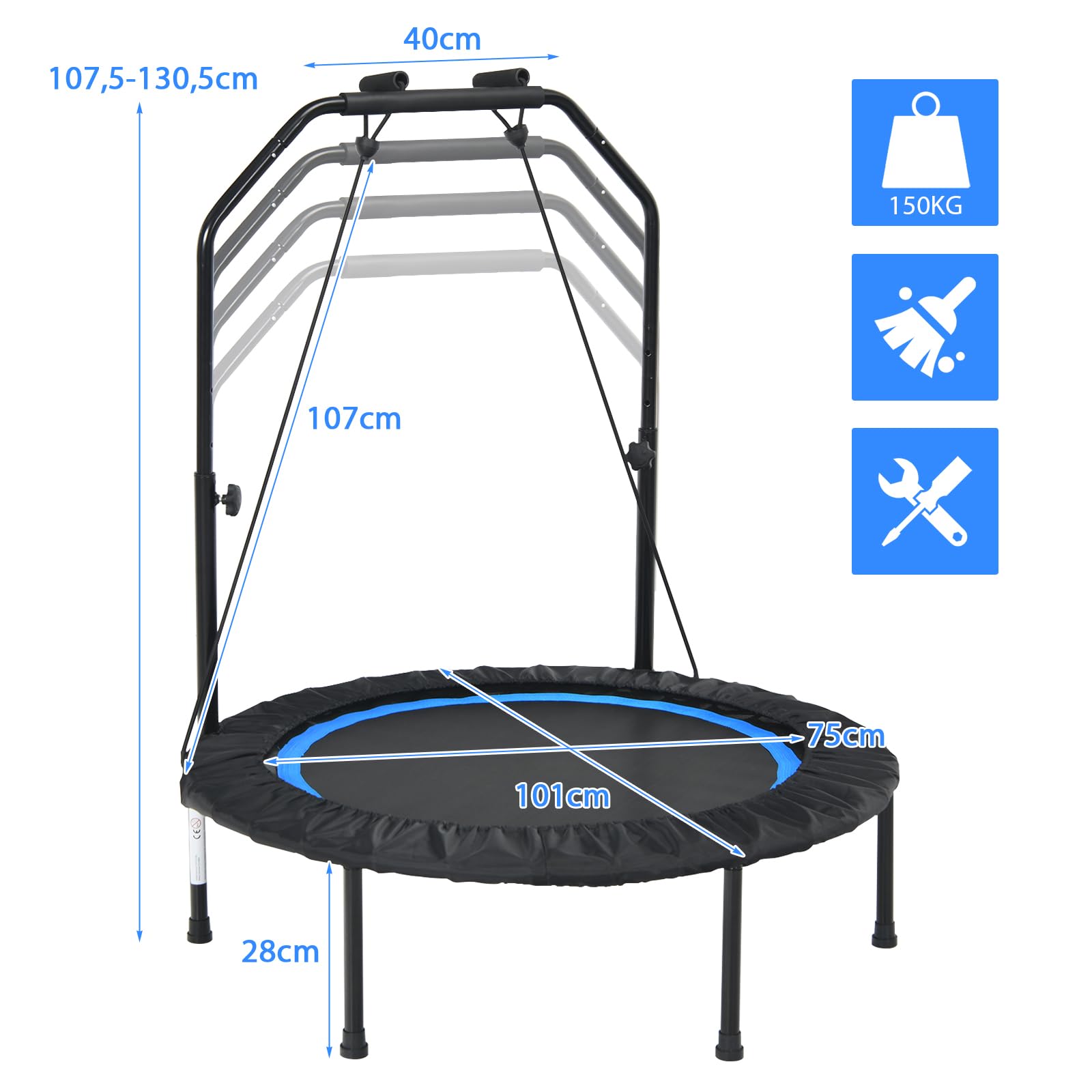 GOPLUS Cama Elástica Fitness Plegable 150 KG con Barras de Agarre Ajustables y Funda de Seguridad Acolchada, Trampolín para Ejercicio, Apto para Adultos y Niños, Interior y Exterior