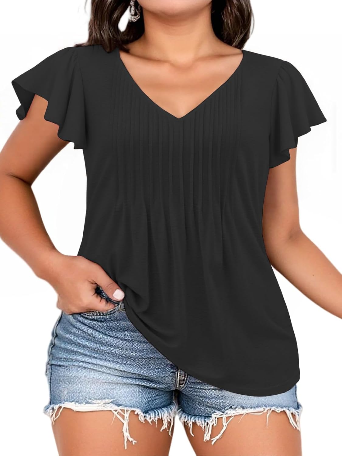 VOGRACE Womens-Plus-Size-Summer-Tops Casual V Neck T Shirts Trendy Ruffle Short Sleeve Tunics Loose Comfy Pleated Tees XL-5XL - Image 2