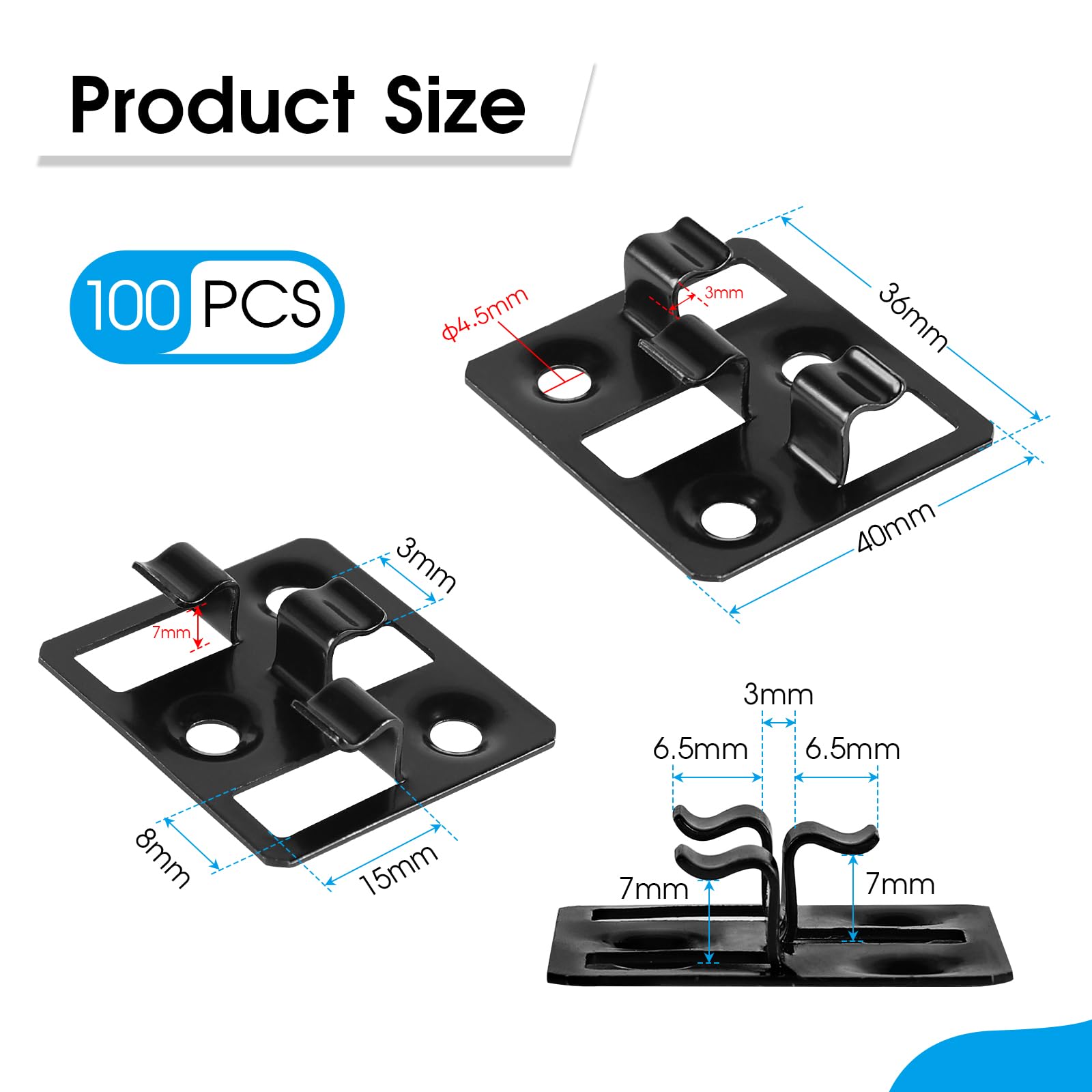 100 unidades Clips para tarimas WPC en acero inoxidable, Clips ocultos, Separadores para fijación de tarimas (Negro, Espacio 3mm, Altura 7mm)