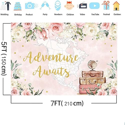 Miniatura 4 de AIBIIN Fondo de 7 x 5 pies, decoración de fiesta temática de viaje, mapa del mundo, fondo de fotos, flores, viajes y aventuras, baby shower, telón