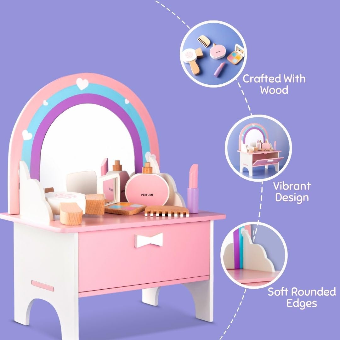 Cots and Cuddles Wooden Dressing Table Playset for Kids | Pretend Play Makeup Set with Wooden Hair Dryer, Perfume, Lipstick, Comb & Mirror (Age 3+) - Image 6 thumbnail
