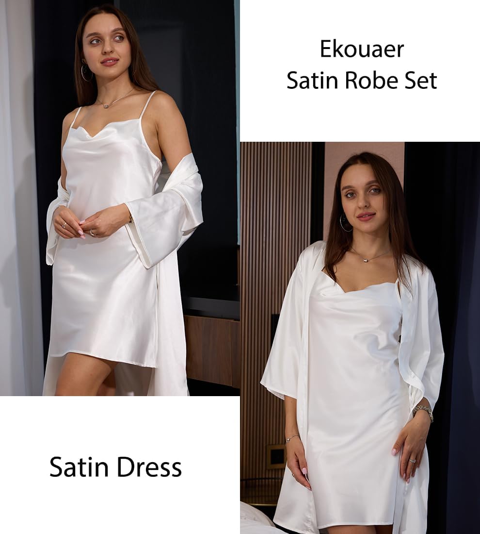 Ekouaer Women's Satin Robe Set Nightgown with Robes Silk Pajama Set image 5