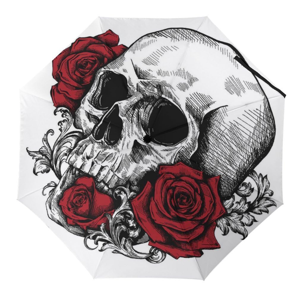 Cmagnifico Style-1 Folding Umbrella, Skull With Roses Umbrella, Travel Umbrella For Windproof, Rainproof