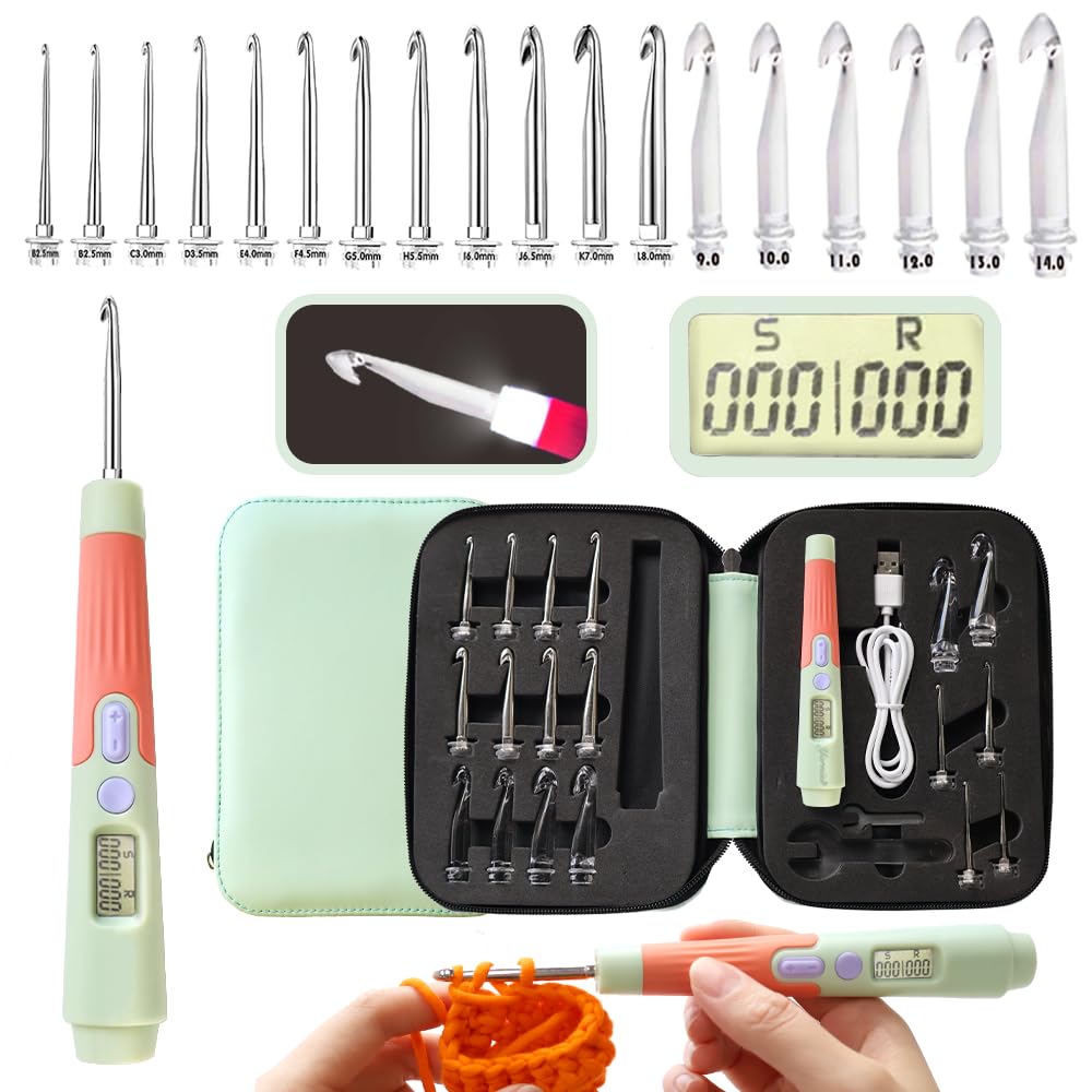 Knitiss Counting Crochet Hooks Set, 18 Size Light Up Crochet Hooks for Stitch & Row Counter 2.0mm-14.0mm