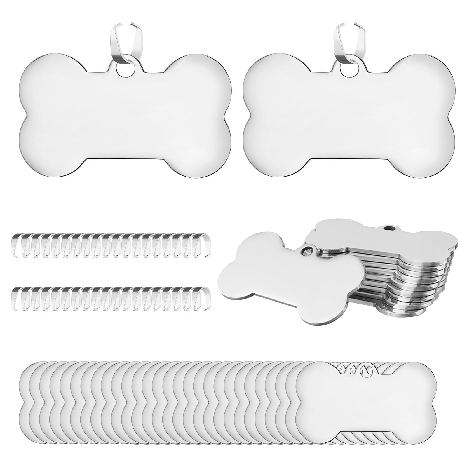 Doodlream 40PCS Bulk Personalized Dog ID Tags, Stainless Steel Bone Shaped Blank Pet Name Tags for Dogs and Cats, Large 1.96" Double-Sided Engravable Pet Tag with Split Rings, Mirror Polished