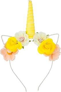 LUX ACCESSORIES Light Yellow Unicorn Horn Floral Cat Ears Cute Kids Fashion Headband
