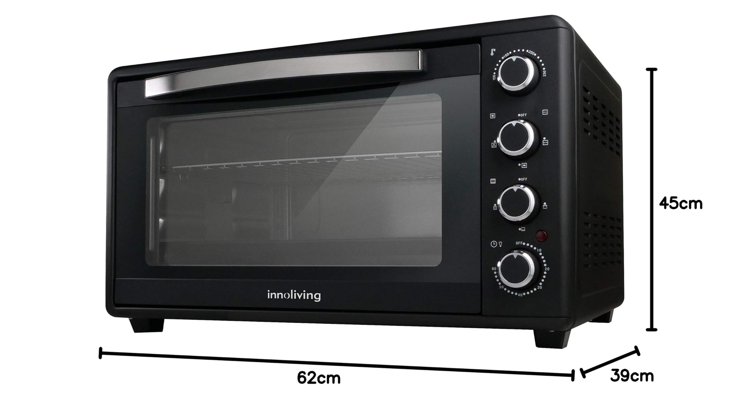 Innoliving Forno Elettrico Ventilato con Girarrosto, Capacità 60 Litri Potenza 1600W, Temperatura Regolabile fino a 230° 4 Funzioni con Timer, Autospegnimento e Segnale Acustico, 5 Accessori Inclusi