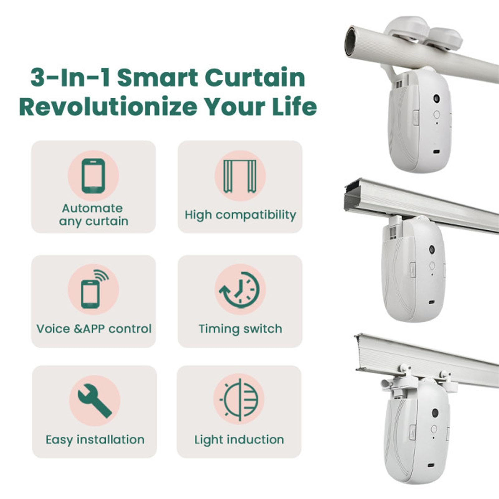 Motorisation électrique intelligente pour rideaux Wi-Fi, compatible avec volets roulants romains, avec mode silencieux, contrôle via application et contrôlleur vocal à distance