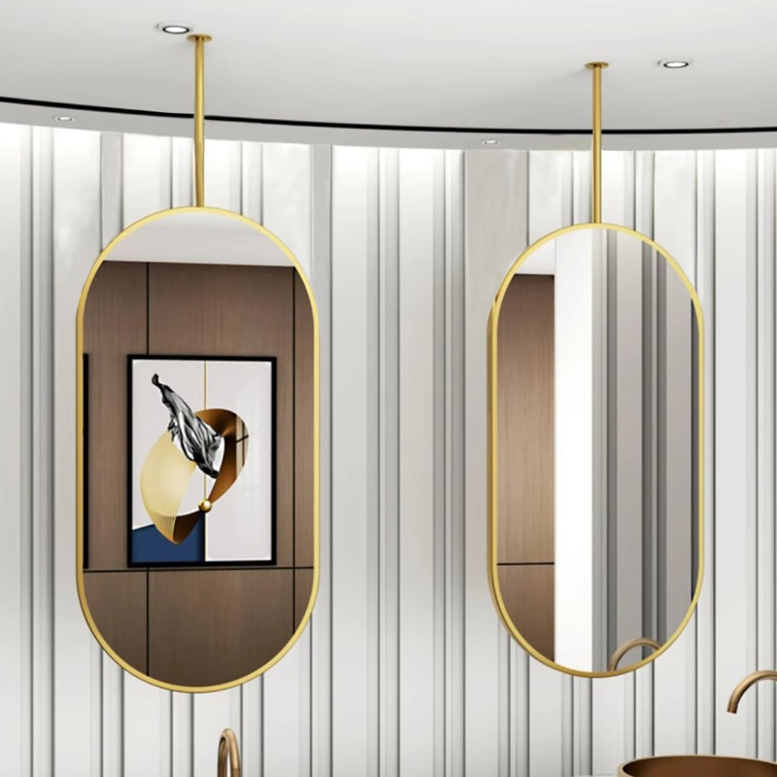 FGXHHS Ceiling Mounted Mirrors, Oval with Gold Metal Framed Suspended Vanity Mirrors for Wall - Customizable Double Rods (Size : 50cmx70cm)