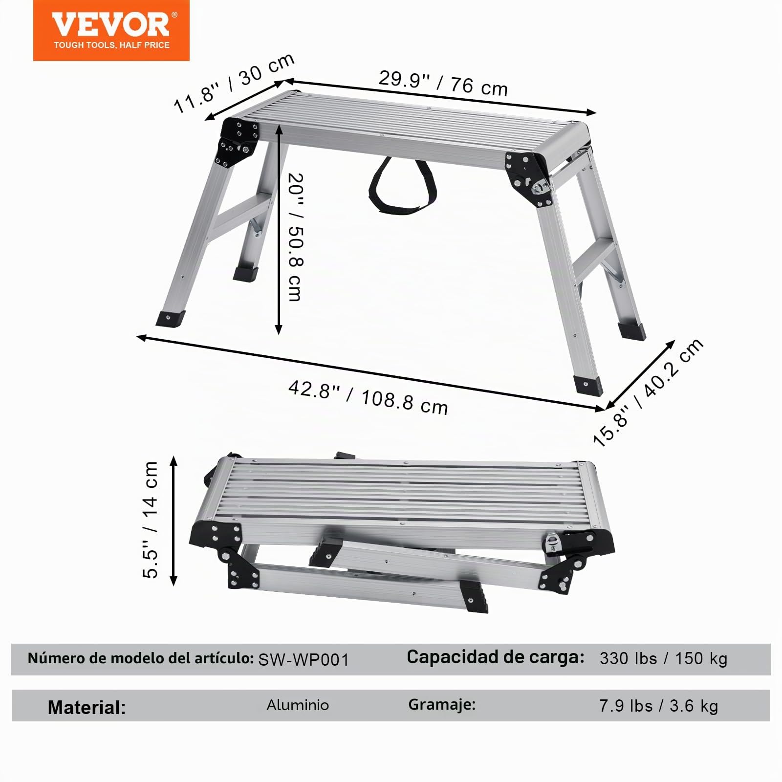 VEVOR Plataforma de Trabajo Plegable 150 kg 76 x 30 x 50,8 cm Aluminio Antideslizante