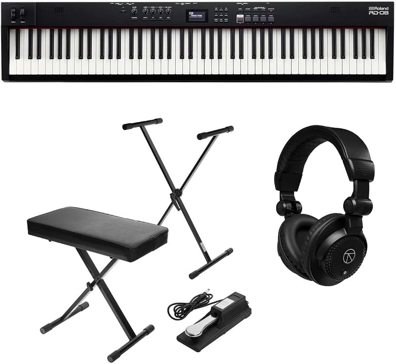 Piano de escenario Roland RD-08 | Auténtico sonido RD y jugabilidad | Teclado PHA-4 de acción ponderada de 88 notas | Paquete, soporte para teclado H&A, pedal de sostenido, banco de piano y auriculares para monitor de estudio