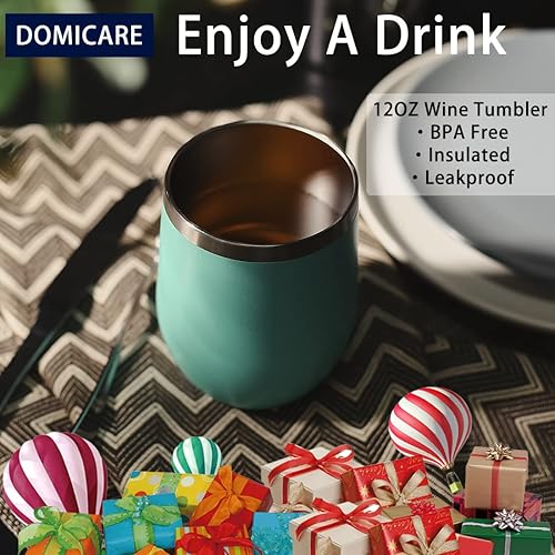 Miniatura 6 de DOMICARE - Juego de 8 vasos de vino de 12 onzas con tapa, hechos de acero inoxidable con aislamiento al vacío de doble pared, color celeste
