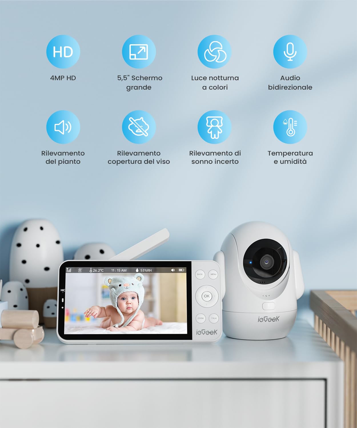 ieGeek 2.5K Baby Monitor con rilevamento dell'occlusione del viso, telecamera per bambini da 5,5 pollici con app per telefono, monitoraggio del movimento, monitoraggio automatico, luci notturne