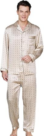 CLC Mens Pure Mulberry Silk Pajama Set Patterns Printed Sleep Sets