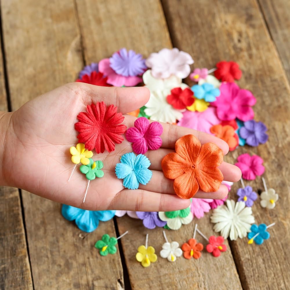 Handmade100 Pcs Mixed Flowers 18 mm - 2 Inch Mulberry Paper Flowers Scrapbooking Wedding DIY Craft Supplies Card (Mixed Colors) - Image 5