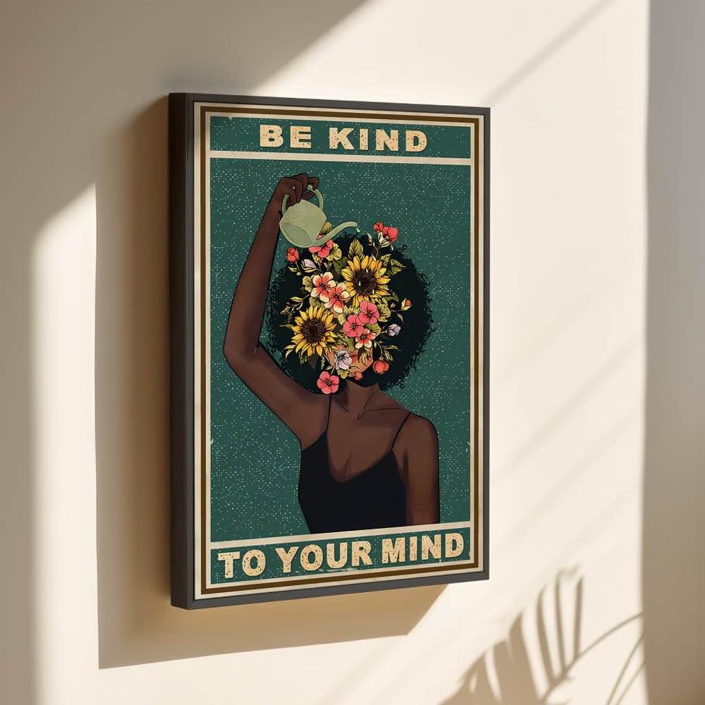 Be kind to your mind Poster, Achtsamkeit mentale Gesundheit Leinwand Bild, Retro Boho Wandbild in grün mit Blumen, Wohnzimmer Schlafzimmer Flur Wanddeko, positive Gedanken Selbstliebe Kunstdruck