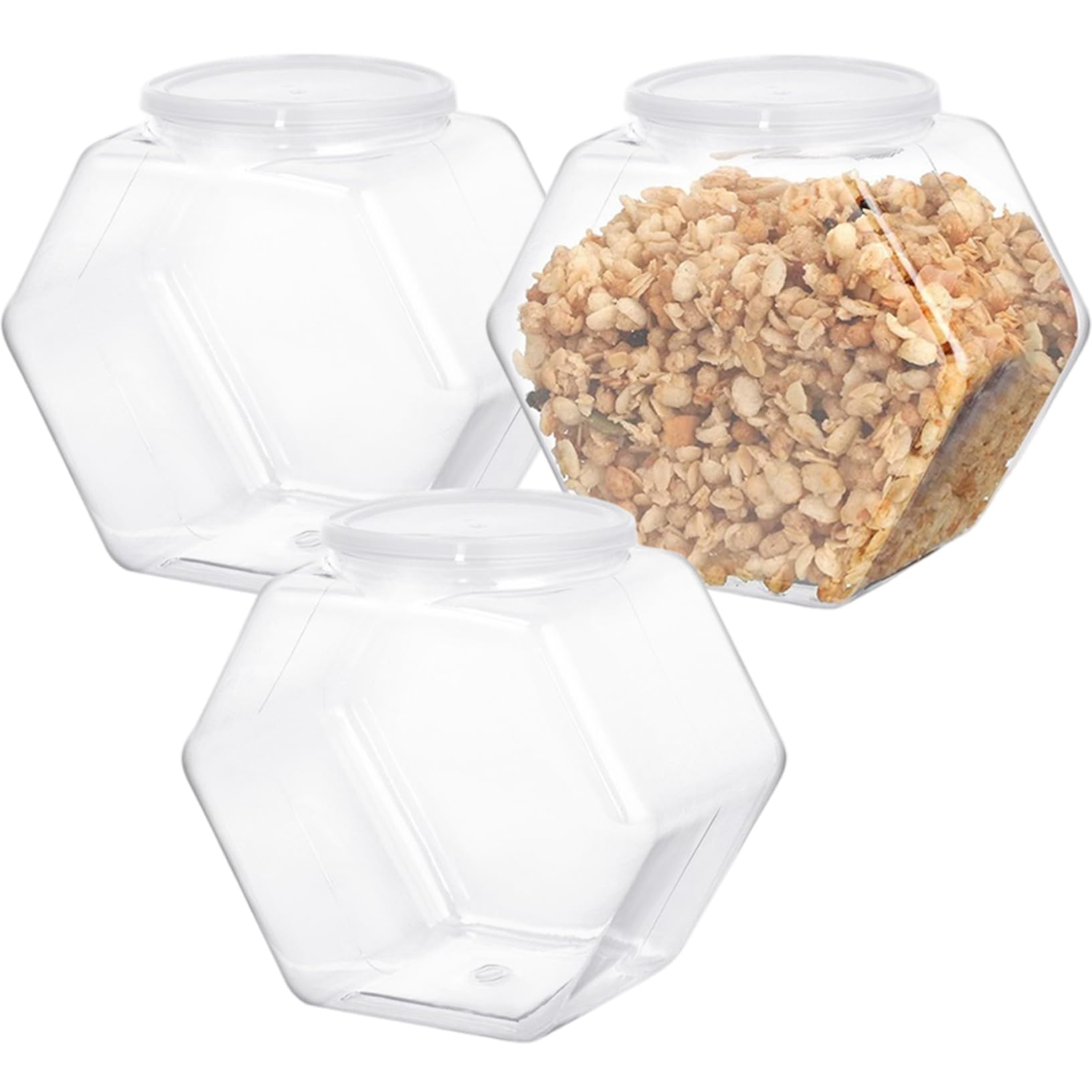 StaZamor 3PCS 2150ml Hexagon Clear Plastic Sweet Jars with Lids, Candy Buffet Dispenser for Snacks, Dry Food, Cookies, Candies, Party Supplies