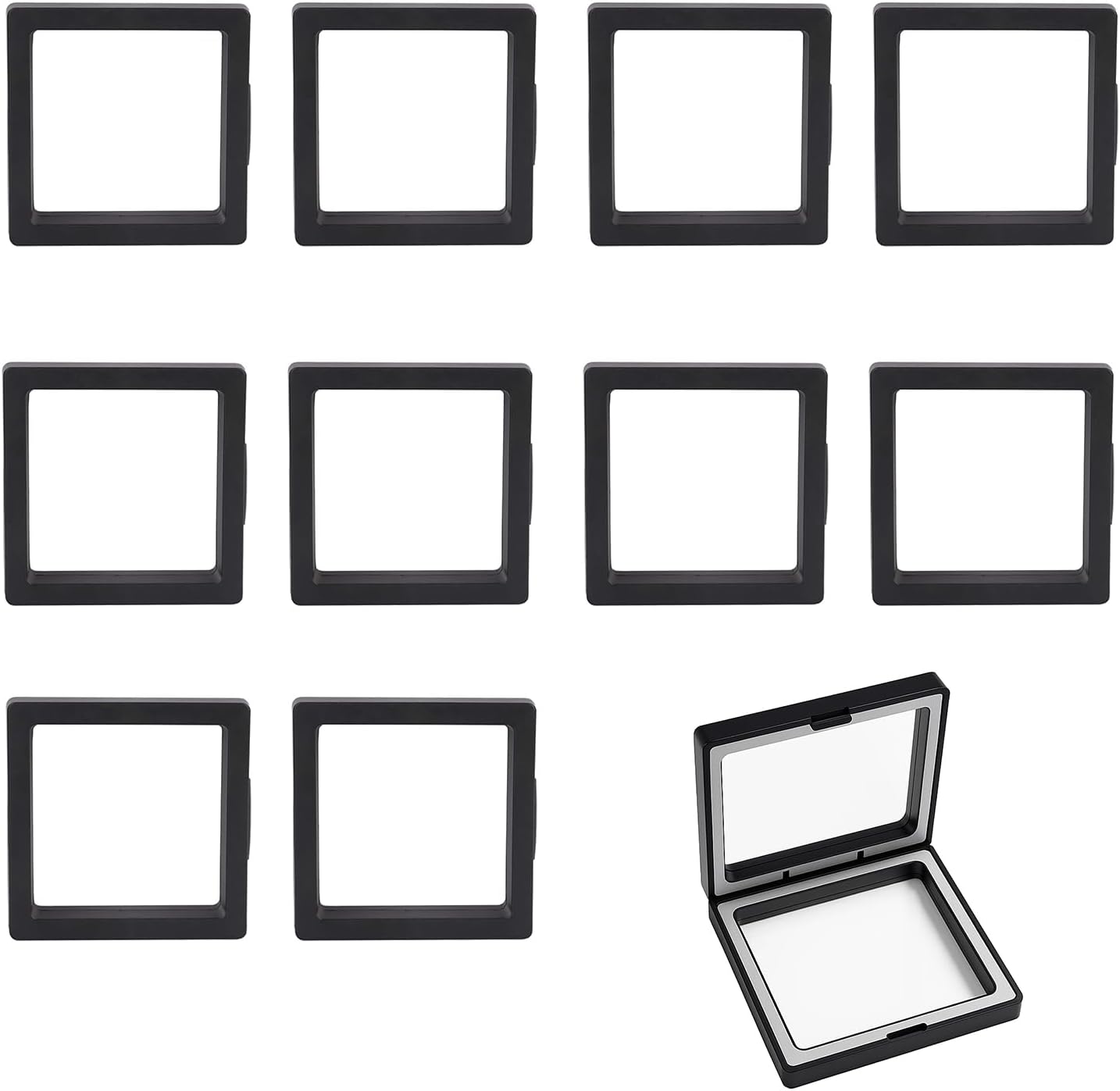 Black 3D Floating Frame Display Set of 10 - Challenge Coin Holder & Floating Display Case for AA Medals, Military Medals, Coins Collection, Jewelry, Badges - 2.75 x 2.75 x 0.78 Inches Each