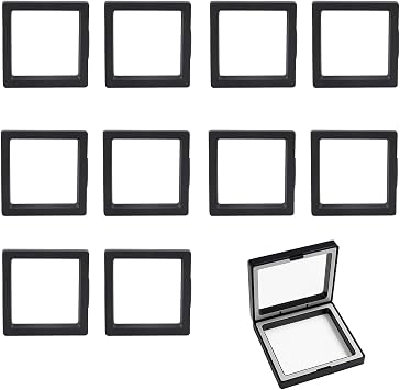 Black 3D Floating Frame Display Set of 10 - Challenge Coin Holder & Floating Display Case for AA Medals, Military Medals, Coins Collection, Jewelry, Badges - 2.75 x 2.75 x 0.78 Inches Each