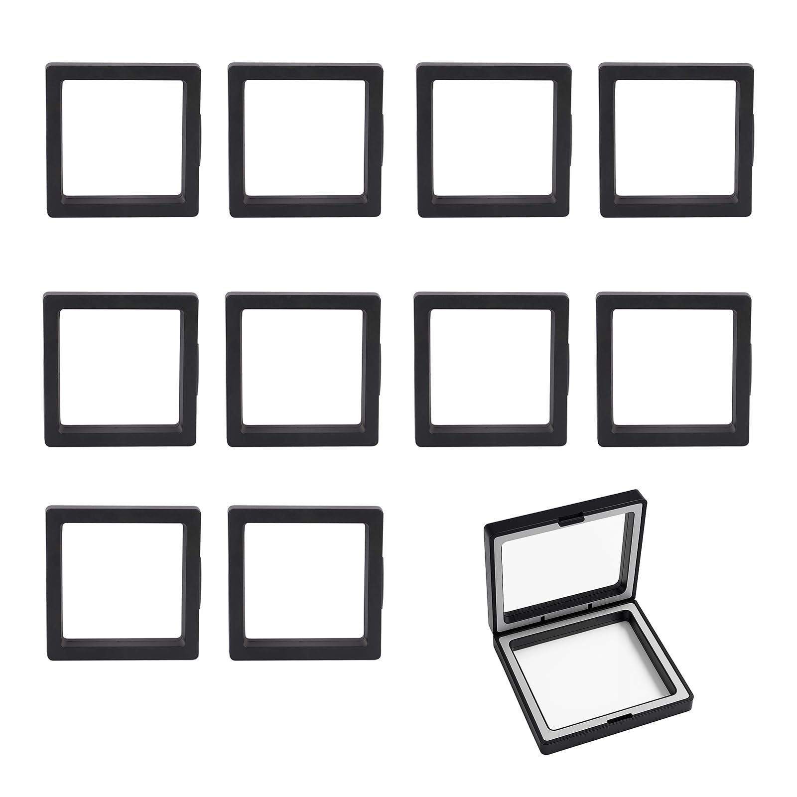 Black 3D Floating Frame Display Set of 10 - Challenge Coin Holder & Floating Display Case for AA Medals, Military Medals, Coins Collection, Jewelry, Badges - 2.75 x 2.75 x 0.78 Inches Each