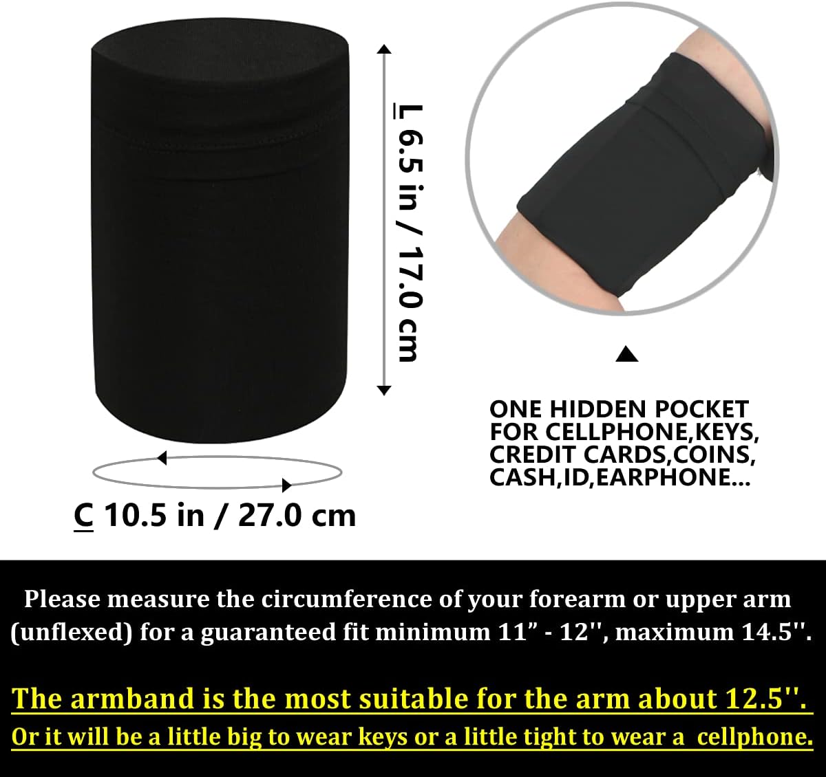 Medium Black Running Arm Band Pouch for Cellphone Keys - Hidden Pocket Arm Wrist Band Sleeve Bag Strap Wristband Holder Pouch Case for Running Walking Jogging Yoga Gardening Exercise Workout Gym