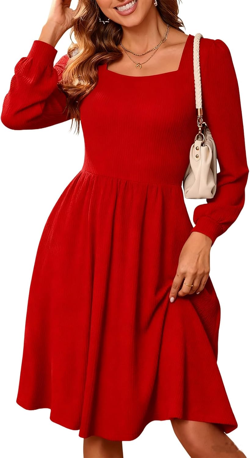 Long Sleeve Fall Dresses for Women 2025 Square Neck Textured Casual Lightweight Tiered Ruffle A-Line Midi Babydoll Dress