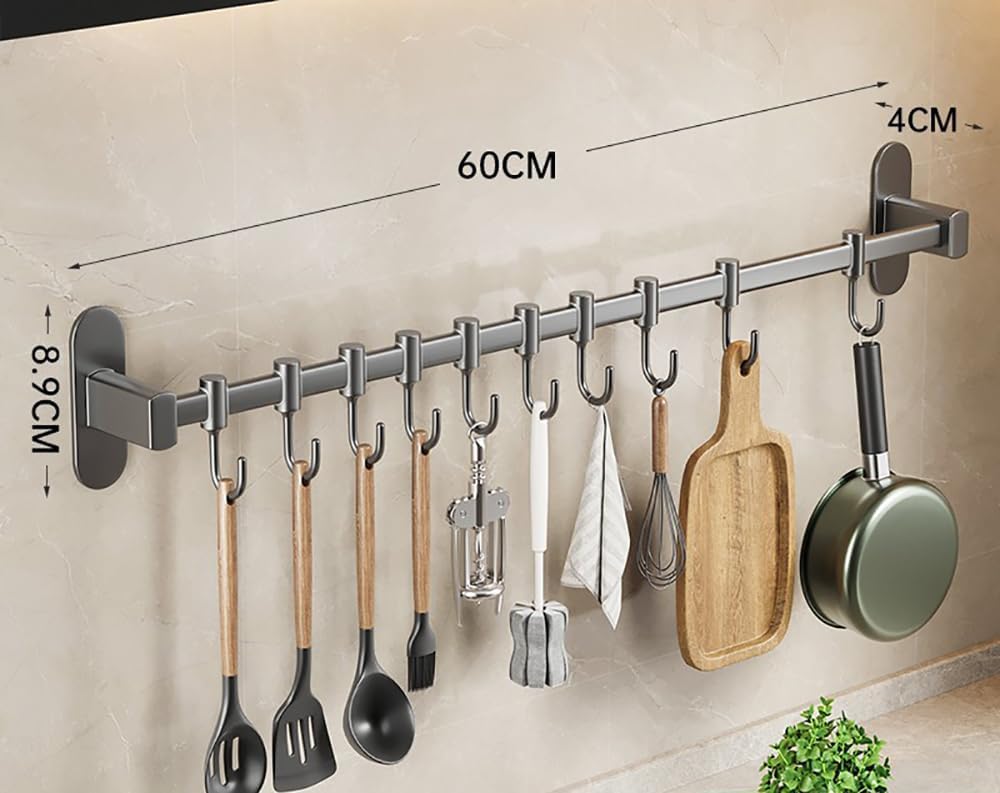 Wall-Mounted Aluminum Kitchen Rail nizer with Hooks, 60cm Gray Storage Rack for Utensils, Cookware, and Kitchen Accessories