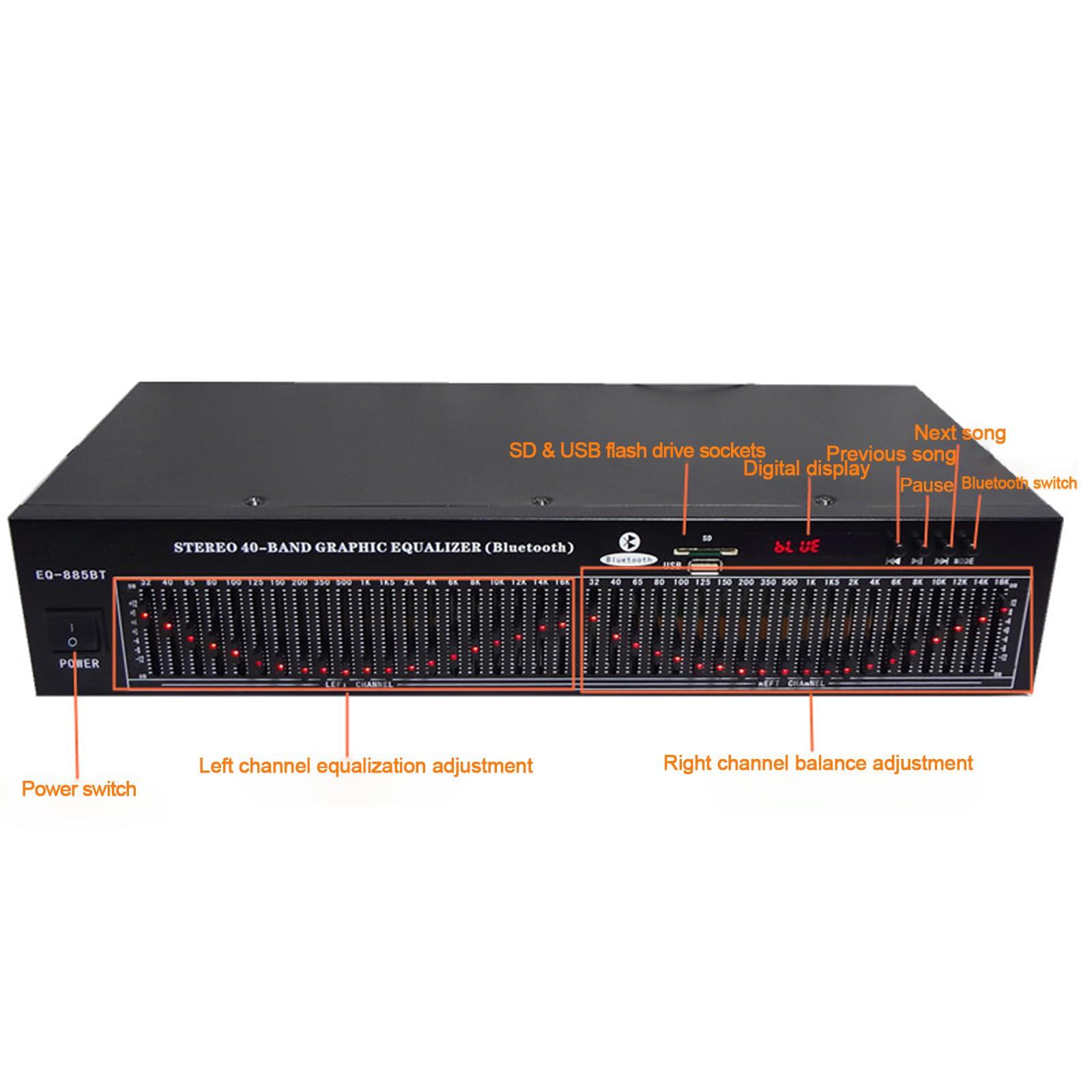 Equalizador Estéreo Dual De 20 Bandas, Controlador De Efectos De Audio Digital con 5.0 Bluetooth Y Control Remoto, Ecualizador De Ajuste De Eq HiFi Home, Reducción De Ruido, para Grabar Estudios