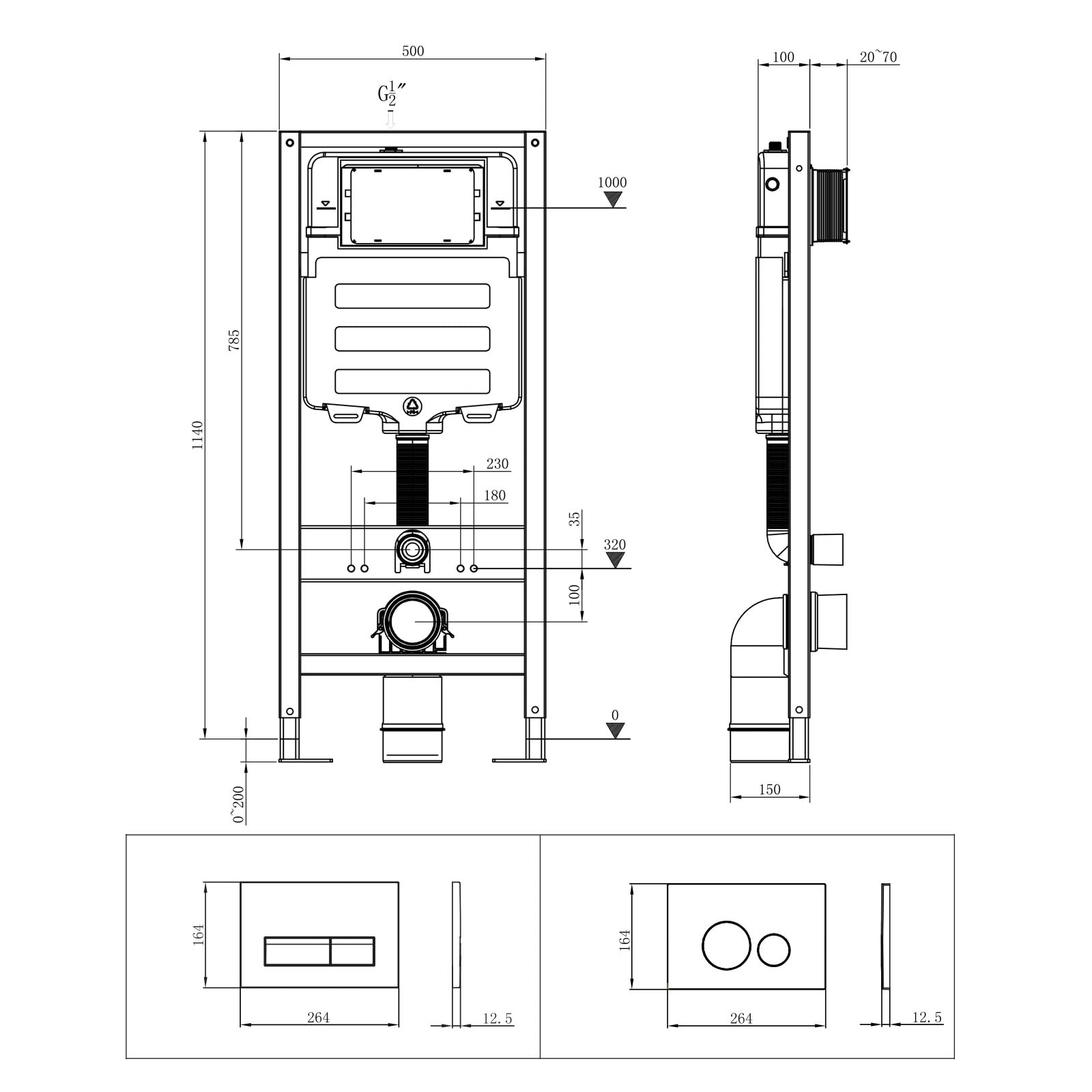 Inodoro con placa de accionamiento empotrable, material HDPE, cisterna de pared para inodoro de pared, estantería de hierro pintado, juego completo de 50 x 10 x 114 cm