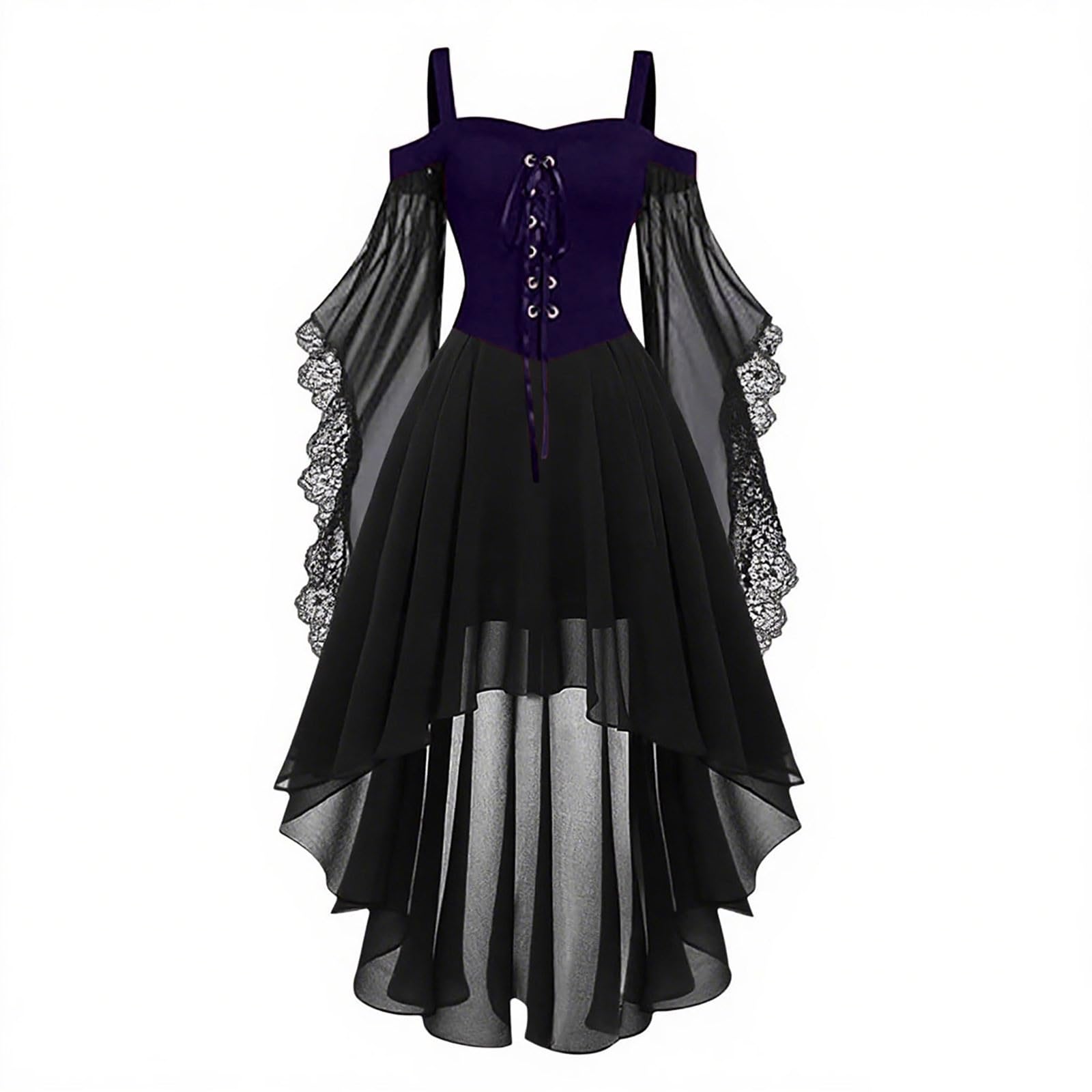 HAOLEI Medieval Costume Women, Halloween Dresses Vintage Lace Renaissance Victorian Dress Cold Shoulder Butterfly Sleeve Retro Steampunk Rockabilly Goth 80s Dress Ladies
