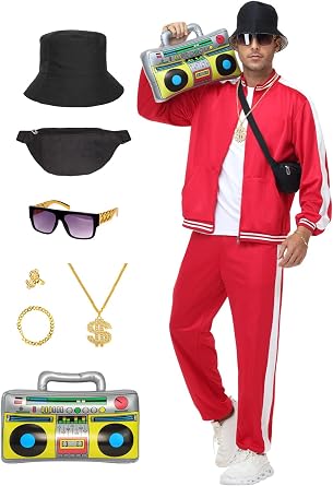 80s Outfit for Men - 90s Hip Hop Tracksuit, Retro Windbreaker Disco Themed Party Costume, Track Suit Sportswear Set