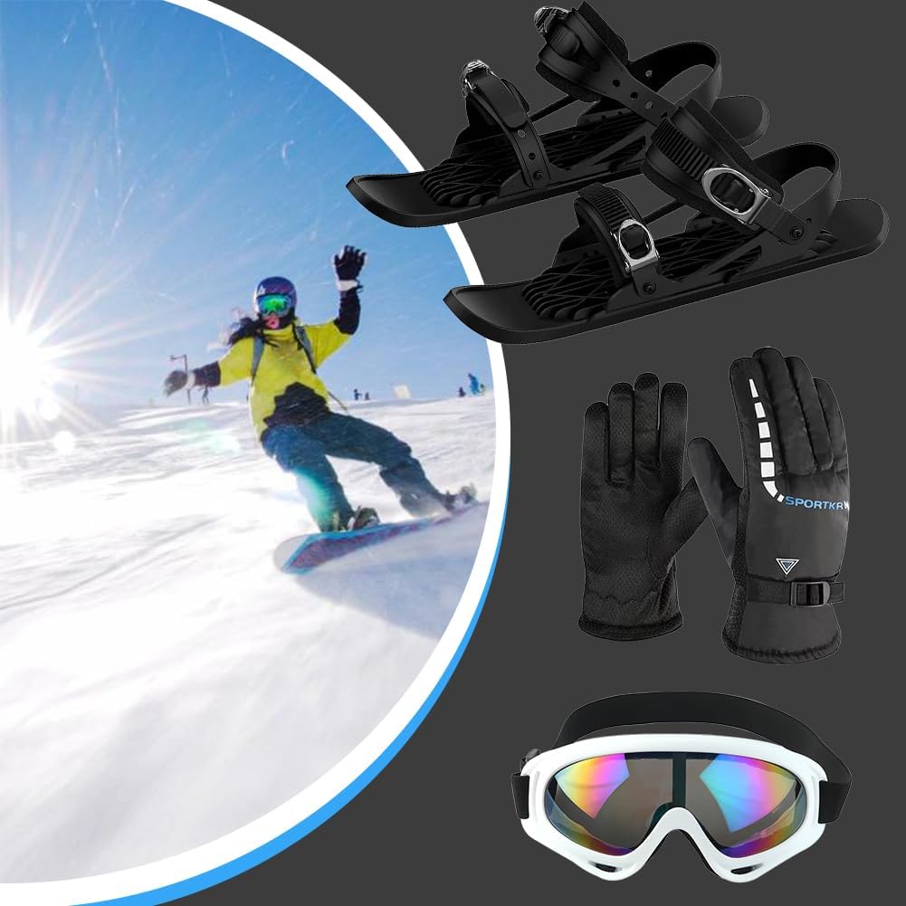 Mini Short Ski Skates Set for Snow with Gloves & Goggles Short Mini Skating Ski Shoes Portable Snowblades Skis Shoes for Outdoor Winter Snow Sports