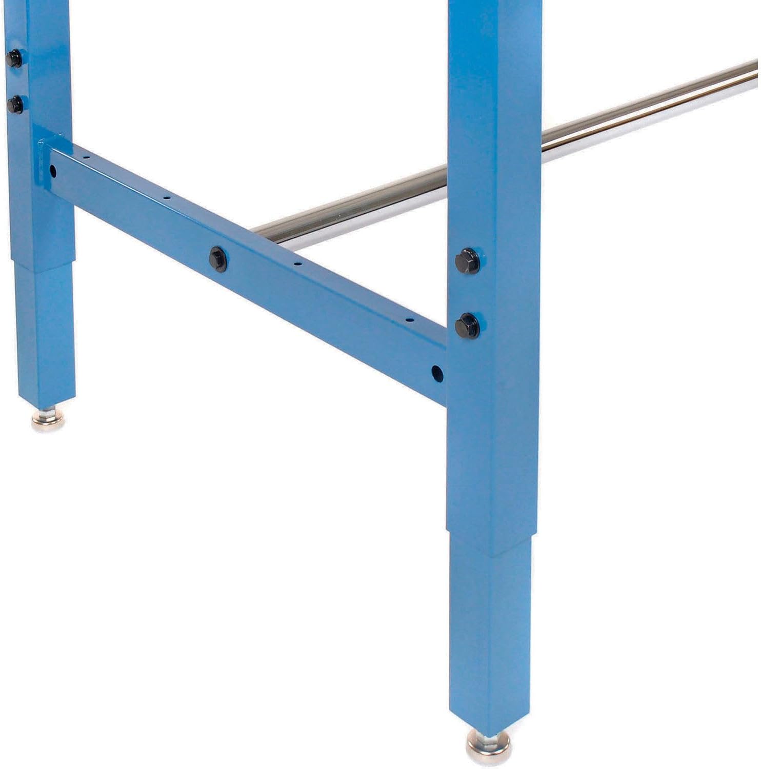 Global Industrial Adjustable Height Workbench with Power Apron, 96" W x 30" D, 1-5/8" Thick Plastic Laminate Square Edge, 5000 Lbs Capacity, Blue, Assembly Required