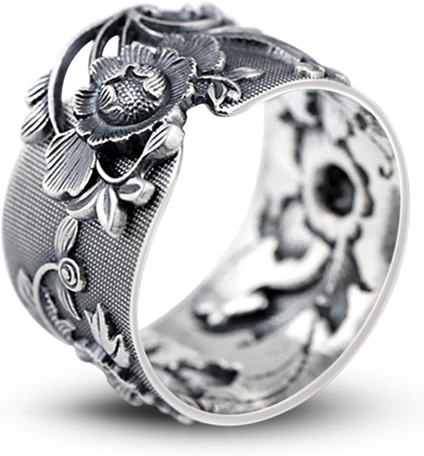 BALMORA LOVECOM Real 925 Sterling Silver Lotus Open Rings for Women Men Gifts Vintage Floral Finger Ring Silver Fashion Party Jewelry Birthday Graduation Christmas Gifts for Mom Grandma