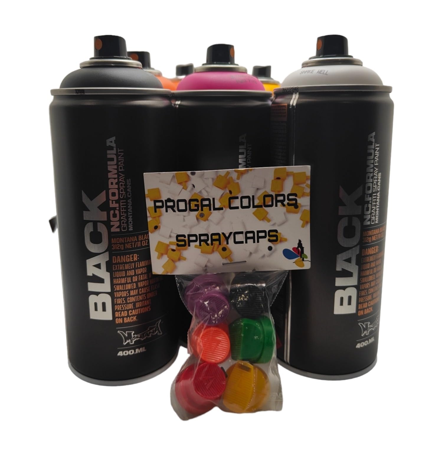 PROGAL COLORS Montana Black - Spray ad alta copertura, asciugatura rapida, 12 x 400 ml, 6 tappi di ricambio