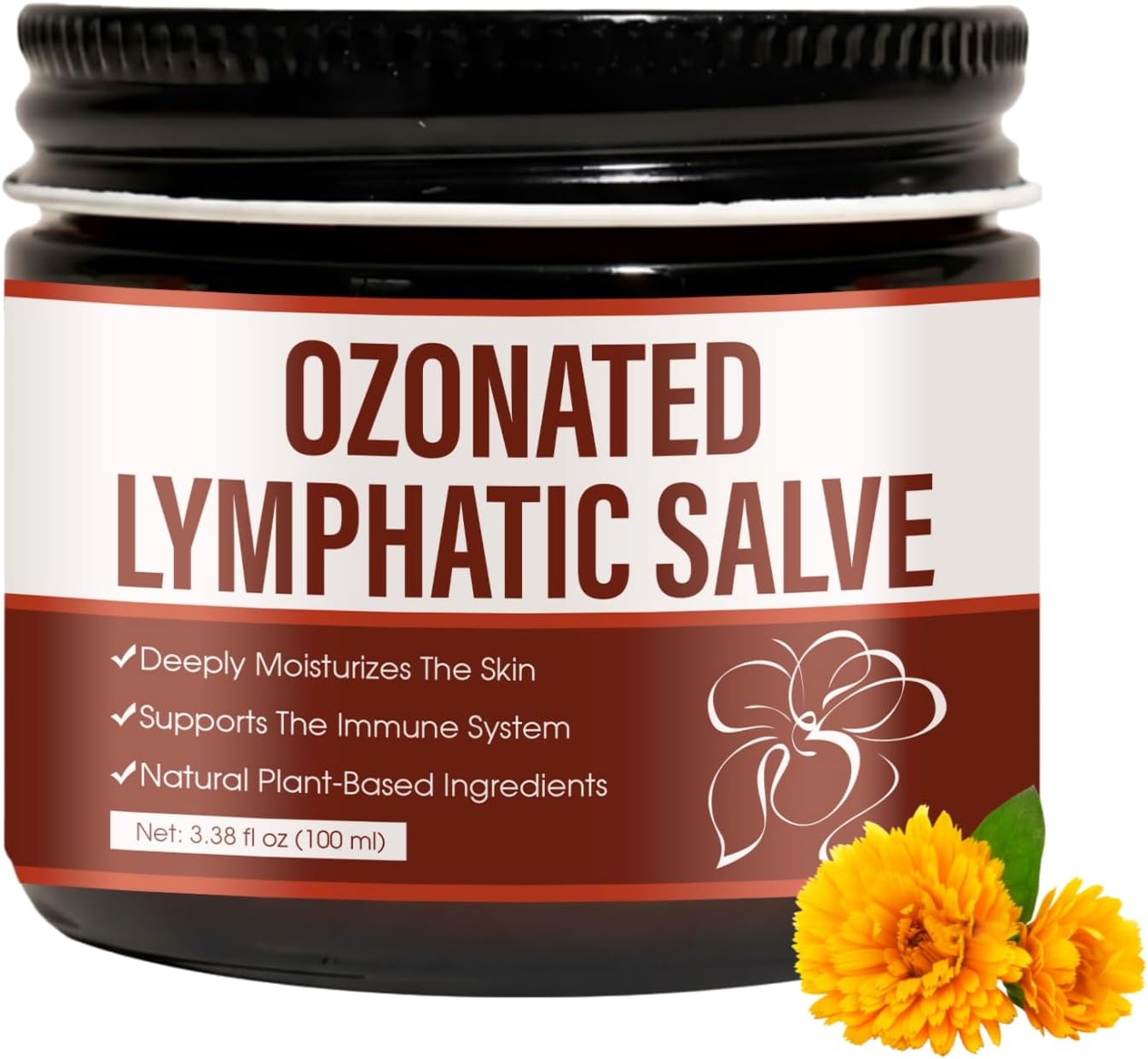 Ozonated Lymphatic Salve - Face & Body Cream with Ozonated Olive Oil,Calendula & Castor Oil,for Deep Moisturizing & Reduce Redness,Smoothes Skin,All Skin Types (1, 3.38oz)