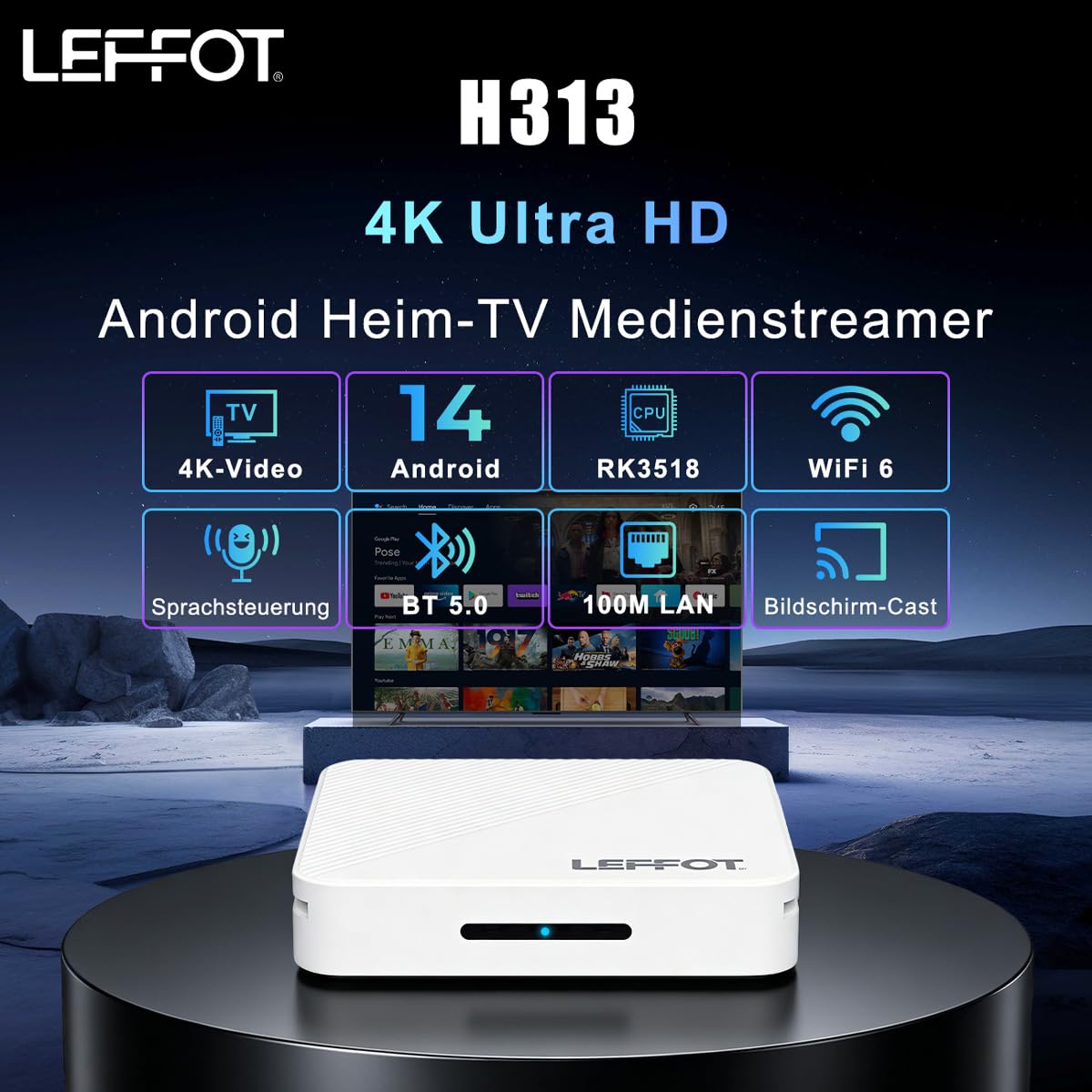 Android 14.0 TV Box 2026, LEFFOT 4K UHD TV Streaming Box, 2GB RAM 16GB ROM | IP-TV Box, Unterstützung Sprachsteuerung, 2.4G & 5G WiFi 6, BT 5.4, USB 3.0, 100M Ethernet, RK3518 Quad-Core A53